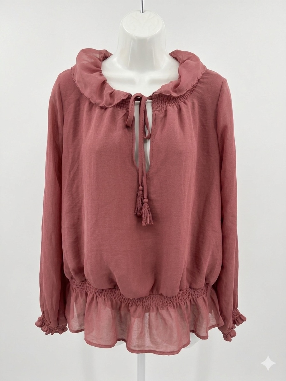 Universal Thread Ruffle Tie-Neck Blouse in Dusty Rose